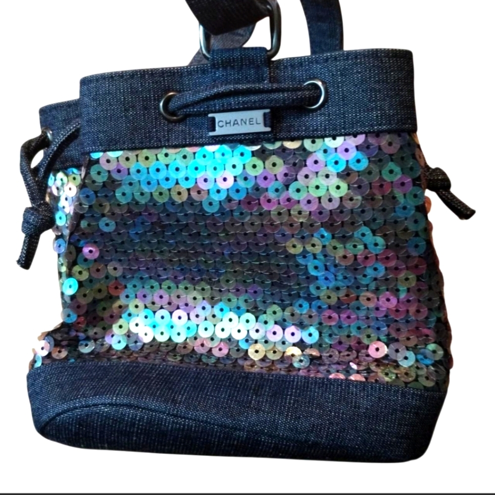 Authentic Chanel Sequins Mini Denim Bucket Bag